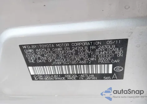 2011 Lexus Is 250 из США, поврежденный, VIN JTHBF5C21B5148812